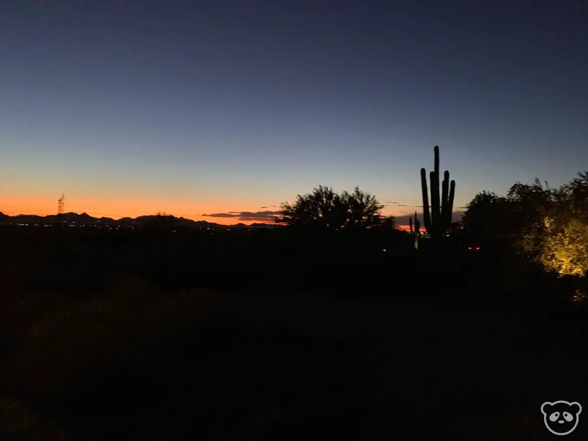 The view of the mountains and cacti from Taliesin West after dusk.