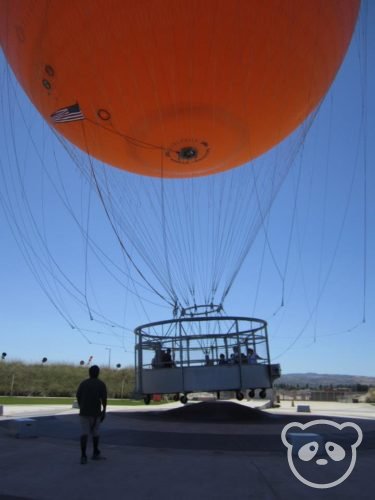 A man walking towards the tethered balloon. 