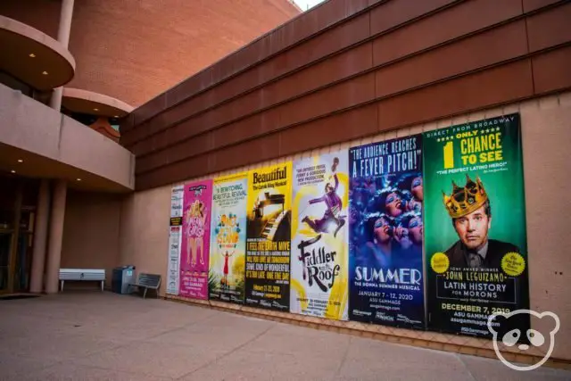 Upcoming event posters at the entrance of ASU Gammage.