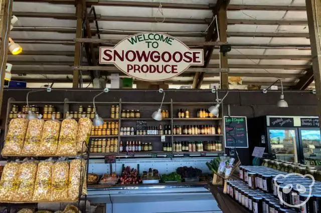 Inside of Snowgoose Produce with stacked jams and popcorn bags in the background, 
