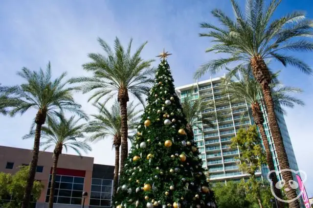 A decorated Christmas tree with palm trees next to it and buildings in the background. 