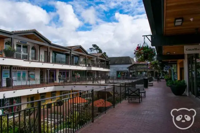 Second floor view of an outdoor shopping center. 