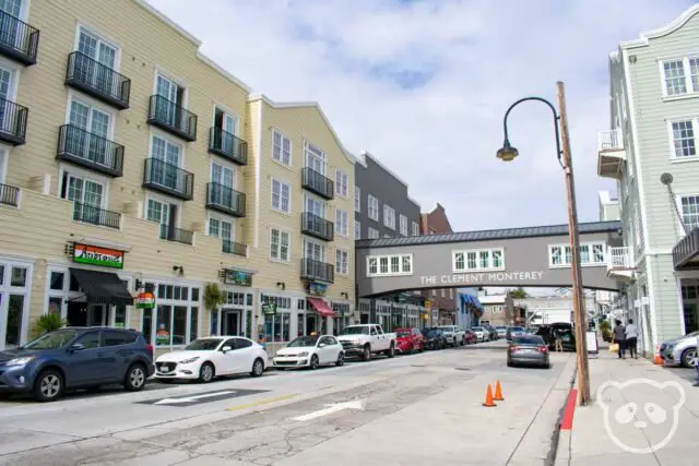 Street lined with buildings. 