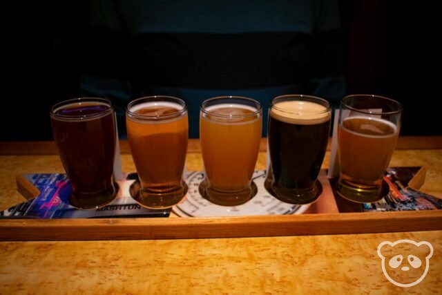 Flight of 5 different beer pours. 