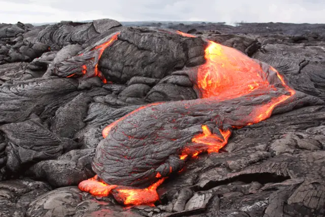 Active lava flow with red hot molten lava