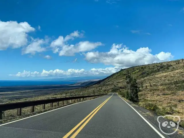 Chain of Craters Road with view of Pacific Ocean taken from the car.